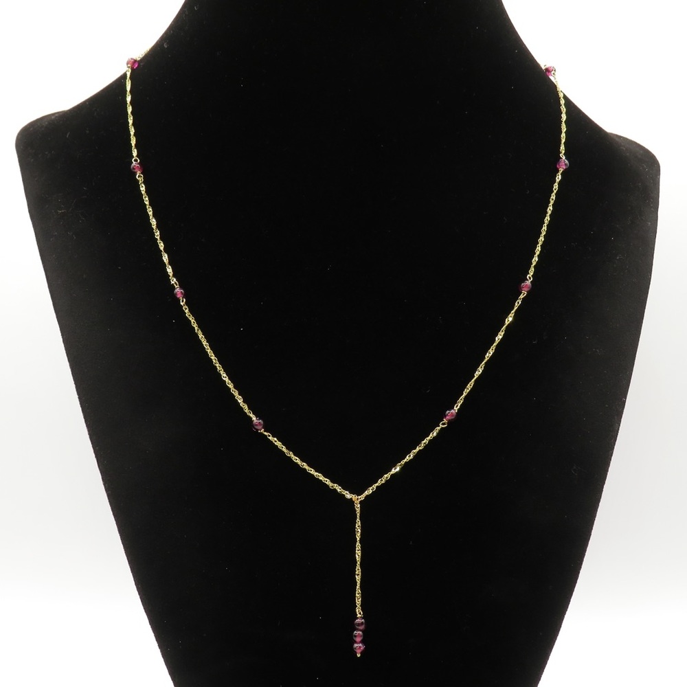 14k yellow gold garnet bead lariat necklace 17”